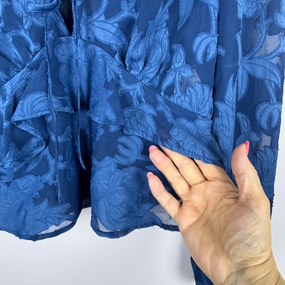 B-O-G COLLECTIVE Bright Blue Floral Semi Sheer Ruffles Top / Size Small - Picture 6 of 14